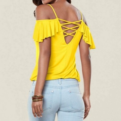 Shapewear Crop Top- Women Cold Shoulder Back Cross T-Shirt Ladies Summer Holiday Blouse - Yellow - CC18UZLU7HX