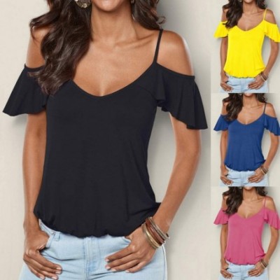 Shapewear Crop Top- Women Cold Shoulder Back Cross T-Shirt Ladies Summer Holiday Blouse - Yellow - CC18UZLU7HX