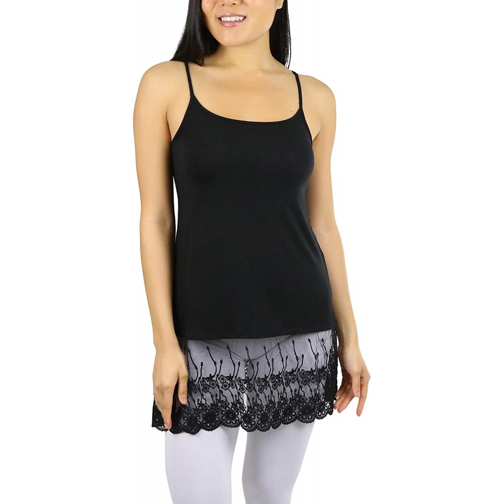 Camisoles & Tanks Women's Wide Extended Lace Long Line Cami w/Adjustable Straps - Black - CB1967XURH5