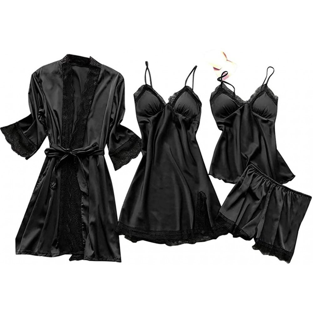 Nightgowns & Sleepshirts Women's 3Pcs Lingerie Satin Lace Chemise Nightgown Nightdress Pajama Set - Black - CK1949URK0A