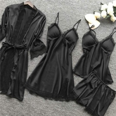 Nightgowns & Sleepshirts Women's 3Pcs Lingerie Satin Lace Chemise Nightgown Nightdress Pajama Set - Black - CK1949URK0A