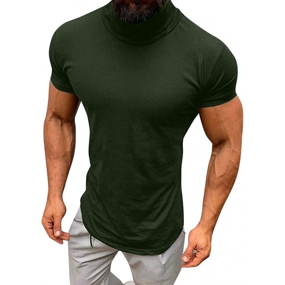 Thermal Underwear Men's Casual Slim Fit Basic Turtleneck Pullover Top Summer Solid Color Short Sleeve Blouse Shirts - Army Gr...