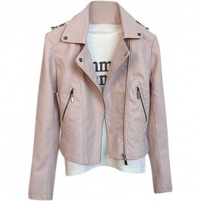 Thermal Underwear Faux Leather Women Fashion Waistcoat Gilet Biker Long Sleeve Jacket Retro Coat - Pink - CA18AL8RR02