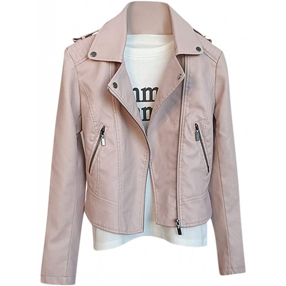 Thermal Underwear Faux Leather Women Fashion Waistcoat Gilet Biker Long Sleeve Jacket Retro Coat - Pink - CA18AL8RR02