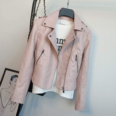 Thermal Underwear Faux Leather Women Fashion Waistcoat Gilet Biker Long Sleeve Jacket Retro Coat - Pink - CA18AL8RR02