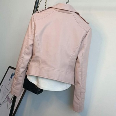 Thermal Underwear Faux Leather Women Fashion Waistcoat Gilet Biker Long Sleeve Jacket Retro Coat - Pink - CA18AL8RR02