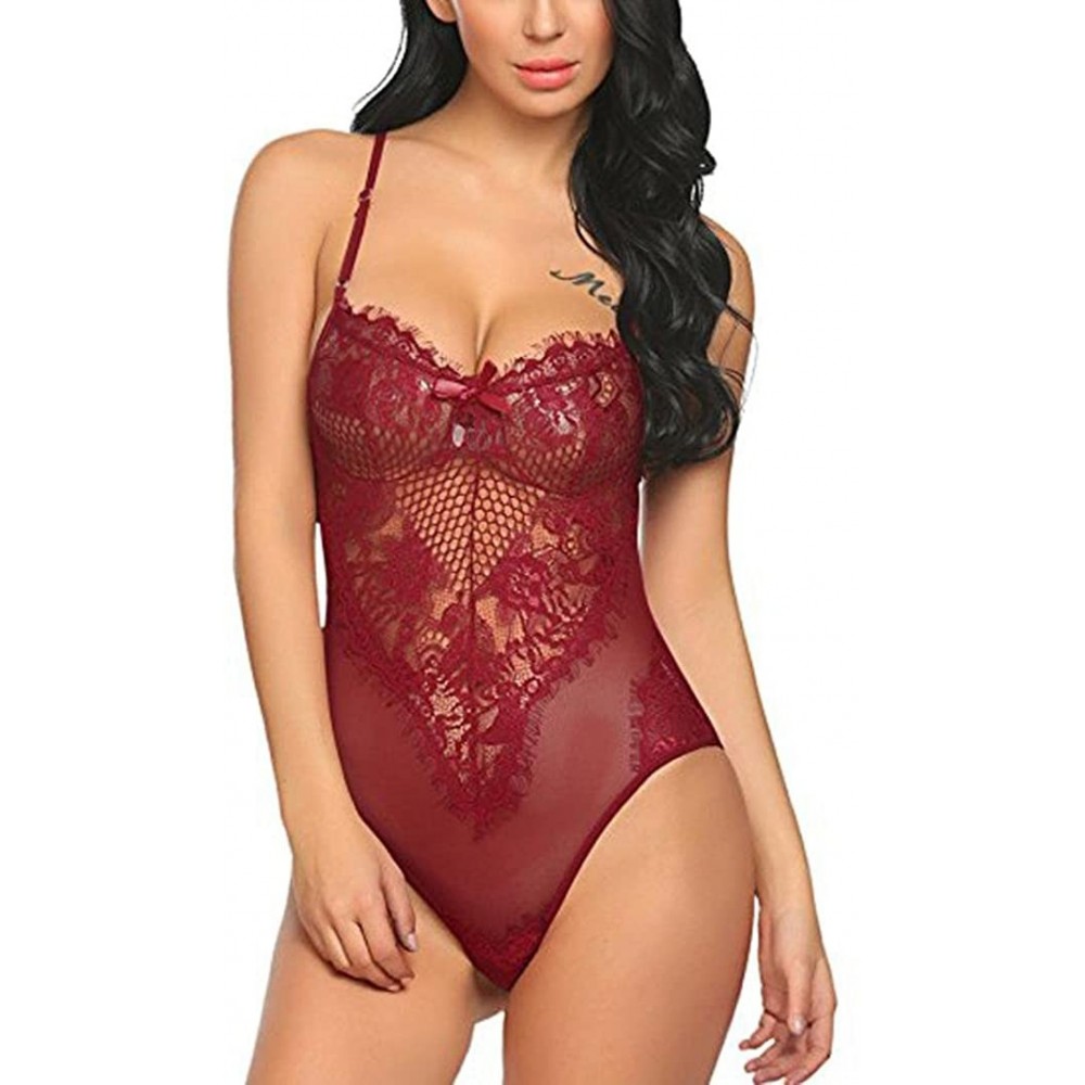 Baby Dolls & Chemises Women Lingerie Lace Fishnet Teddy One Piece Fashion Bodysuit Mesh Babydoll - Wine Red - CE18DQ3M37N