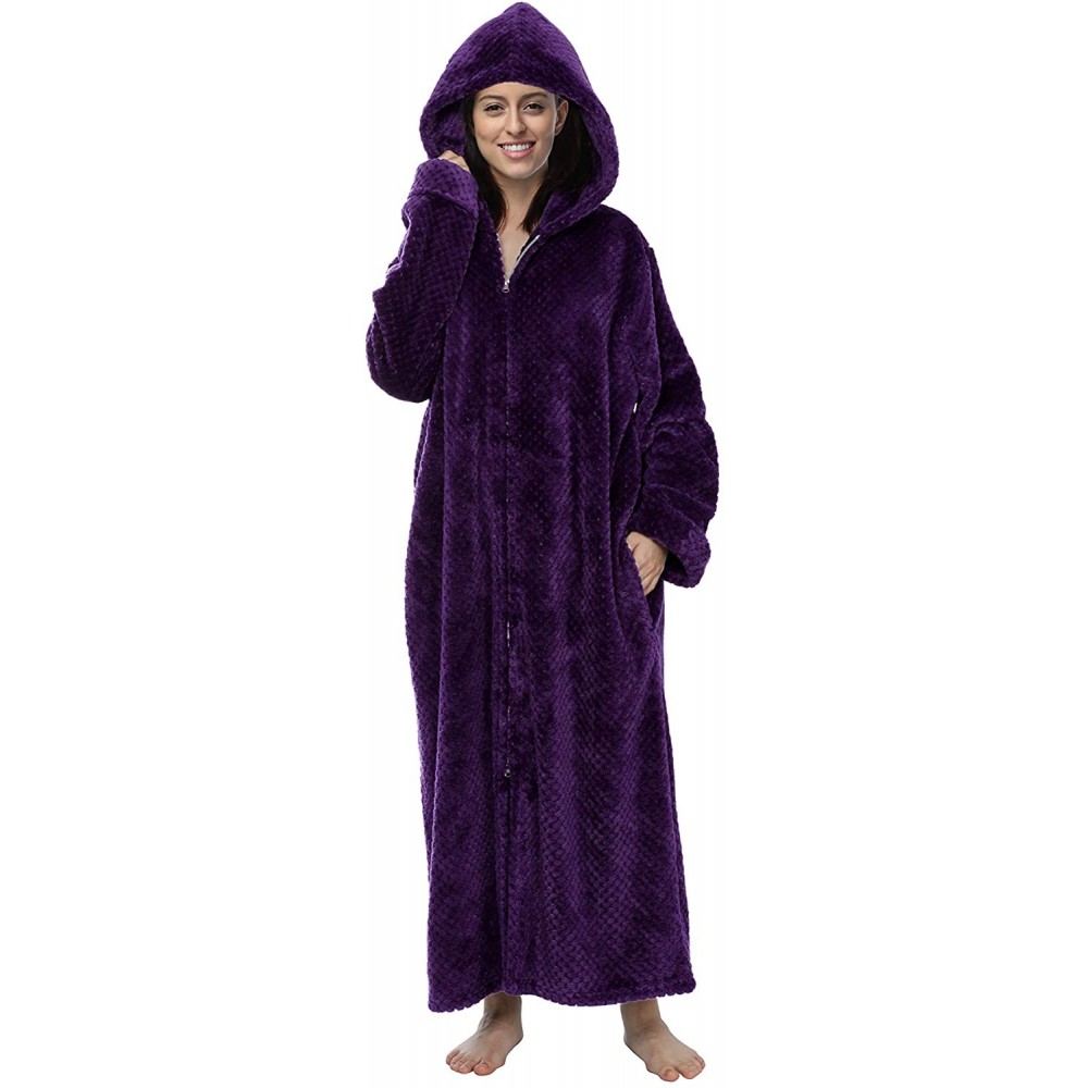 Robes Unisex Warm Soft Fleece Hooded Bathrobes- Plush Robes for Women and Men with Pockets - Hooded-purple - C119E0GXT6S