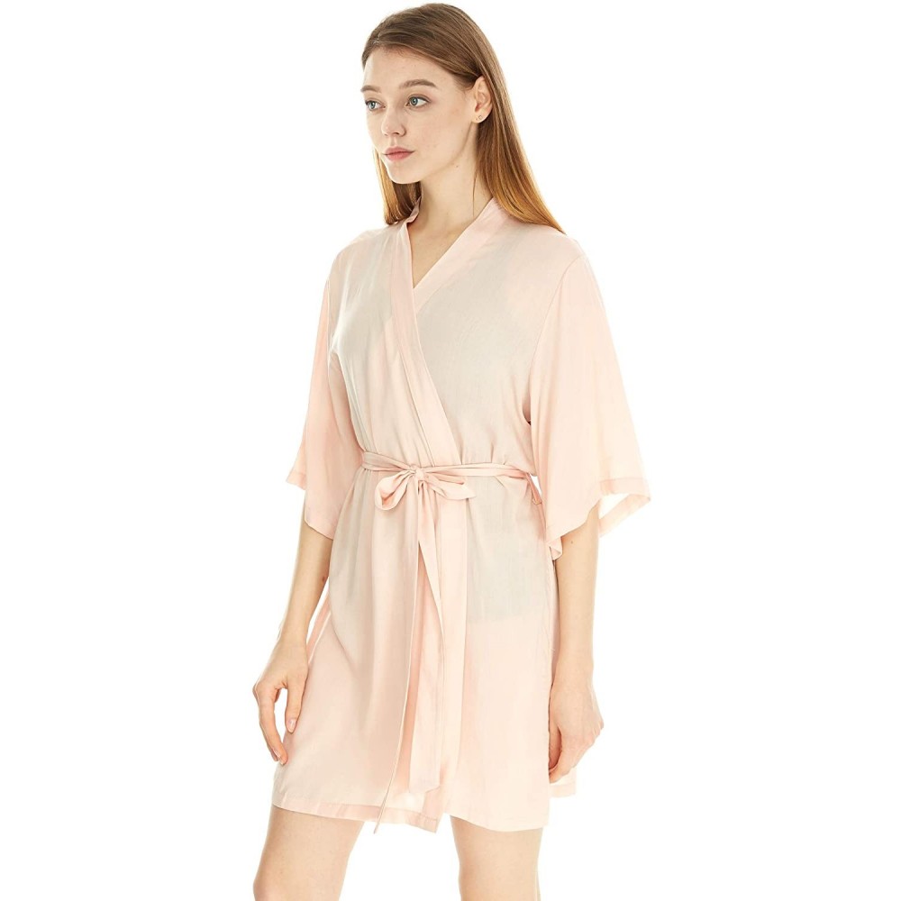 Robes Women's Pure Color Kimono Bathrobe-Short Soft Cotton Bridesmaid Robes - Pearl Pink - CM194KGO5YS