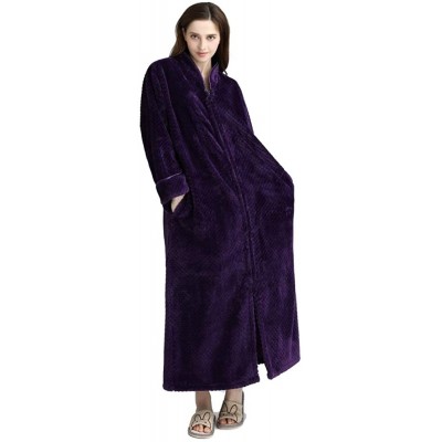 Robes Long Hooded Bath Robe for Women Zipper Spa Bathrobe Flannel Nightgown Housecoat - 15no Hood Purple - CX194W5INNZ