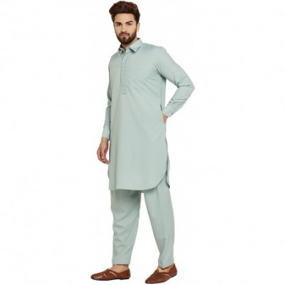 Sleep Tops Men's Cotton Blend Pathani Kurta Salwar - Pistachio Green - CJ12O5B4T1D