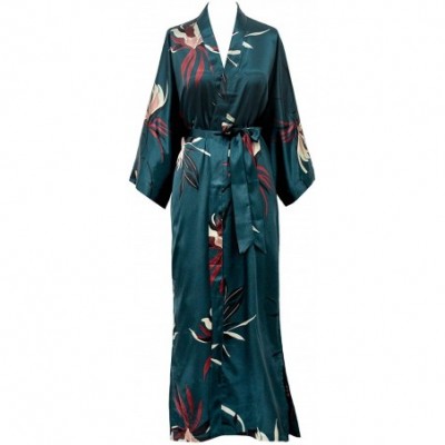 Robes Women's Satin Kimono Robe Long - Floral - Hana - Teal - C018ZYTKL5H