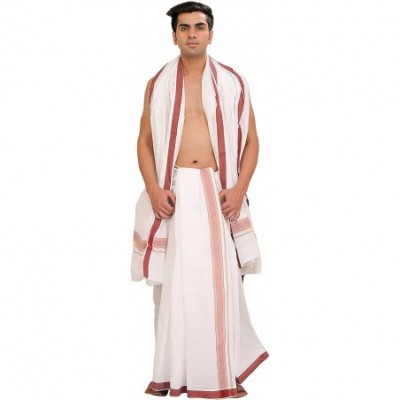 Sleep Sets White Dhoti and Angavastram Set with Woven Border - Apple Butter - CM18WI6QS5N