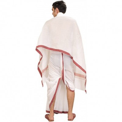 Sleep Sets White Dhoti and Angavastram Set with Woven Border - Apple Butter - CM18WI6QS5N