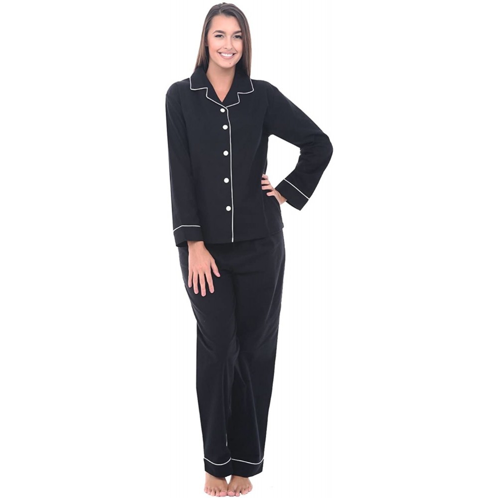 Sets His and Hers Lightweight Flannel Pajamas- Long Button Down Cotton Pj Set - Women's - Black With White Piping - CC115J51TP3