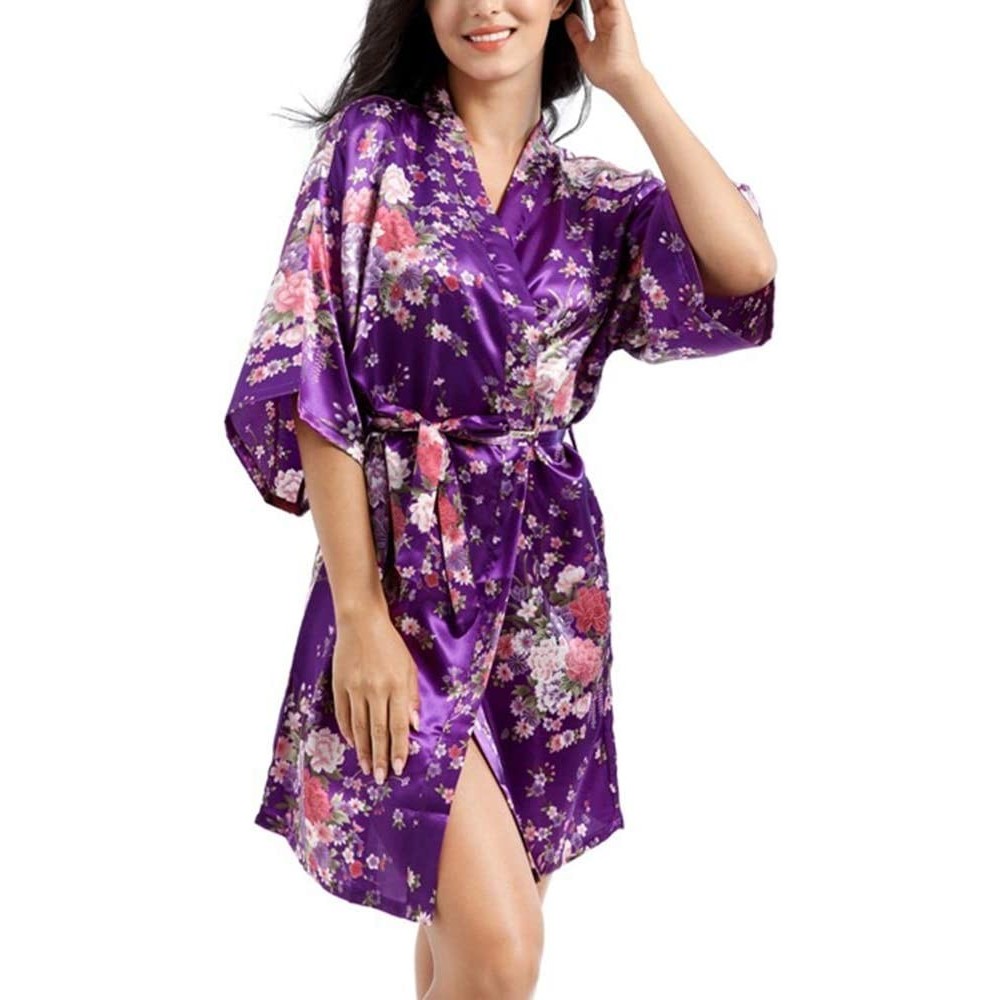 Robes Women's Printing Floral Short Robes Satin Kimono Robes Bridesmaid and Bride Robe for Wedding Party-Dark Purple-M - Dark...