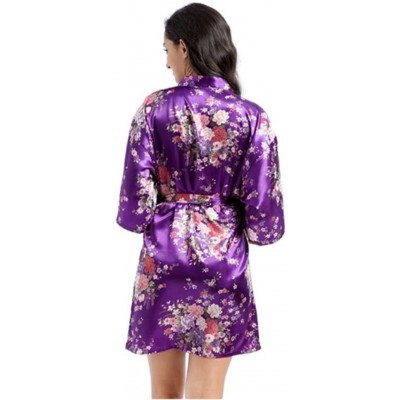 Robes Women's Printing Floral Short Robes Satin Kimono Robes Bridesmaid and Bride Robe for Wedding Party-Dark Purple-M - Dark...