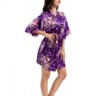 Robes Women's Printing Floral Short Robes Satin Kimono Robes Bridesmaid and Bride Robe for Wedding Party-Dark Purple-M - Dark...