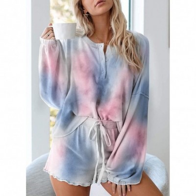 Sets Women's Shorts Pajama Set Long Sleeve Tops Sleepwear Nightwear Loungewear Pjs Blue - CI19CAWWYYL