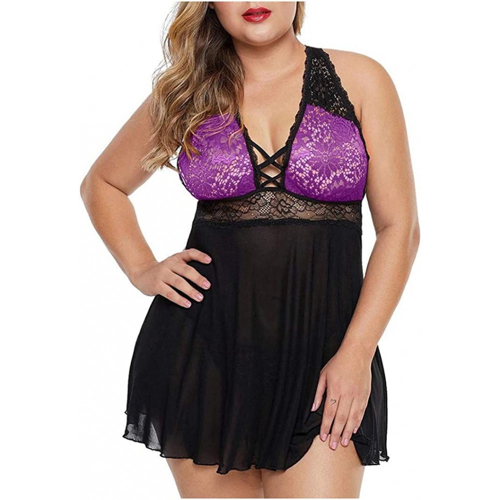 Bottoms Sexy Plus Size Lingerie Women Lace Underwire Racy Muslin Sleepwear Underwear Nightdress+Briefs - Purple - CI196C2YAIT