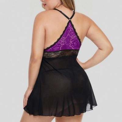 Bottoms Sexy Plus Size Lingerie Women Lace Underwire Racy Muslin Sleepwear Underwear Nightdress+Briefs - Purple - CI196C2YAIT