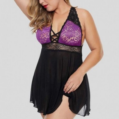 Bottoms Sexy Plus Size Lingerie Women Lace Underwire Racy Muslin Sleepwear Underwear Nightdress+Briefs - Purple - CI196C2YAIT