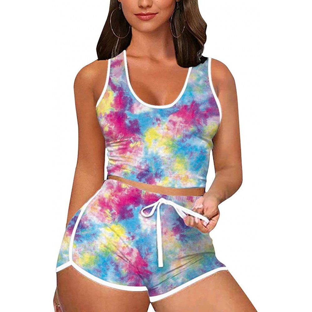 Sets Women's Crop Top Workout Shorts 3D Printed Camisole Cami Vest Yoga Tank Tops Fitness Soft Hot Pants - Tie Dye03 - CS19E0...