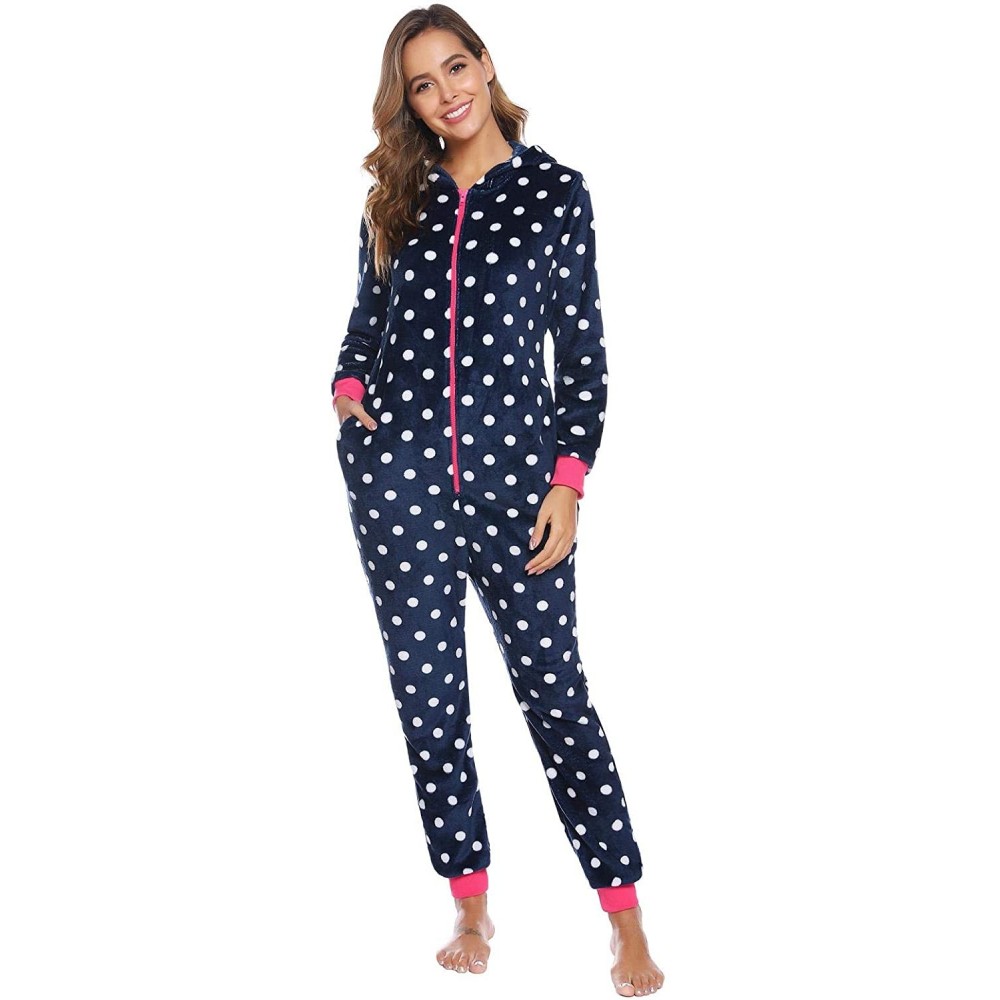 Sets Women One Piece Pajama Set Christmas Romper Zip Front Long Sleeve Animal Plaid Jumpsuit Adult Sleepwear with Hoodied - B...