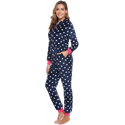 Sets Women One Piece Pajama Set Christmas Romper Zip Front Long Sleeve Animal Plaid Jumpsuit Adult Sleepwear with Hoodied - B...