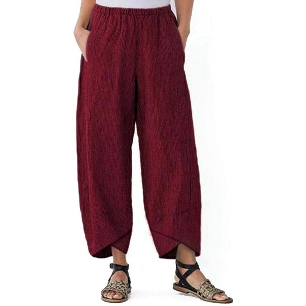 Bottoms Women's Linen Pants Elastic Waist Relax Fit Lantern Cropped Pants Trousers with Pocket - Wine - CJ18T70R3RI