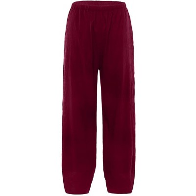 Bottoms Women's Linen Pants Elastic Waist Relax Fit Lantern Cropped Pants Trousers with Pocket - Wine - CJ18T70R3RI