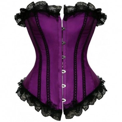 Bustiers & Corsets Women Steampunk Bustier Sexy Satin Lace Up Corset Boned Overbust Lace Stripe Lingerie - Purple - CM18SYULUX4