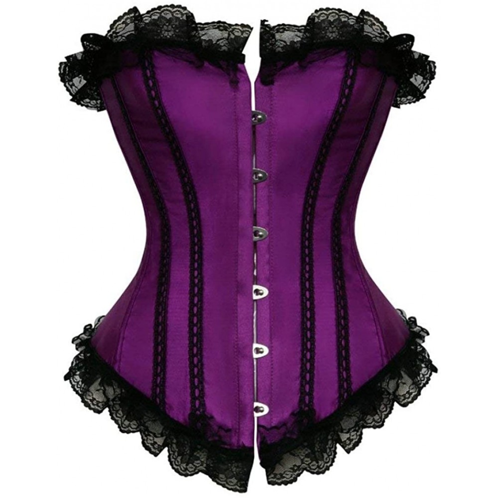 Bustiers & Corsets Women Steampunk Bustier Sexy Satin Lace Up Corset Boned Overbust Lace Stripe Lingerie - Purple - CM18SYULUX4