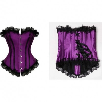 Bustiers & Corsets Women Steampunk Bustier Sexy Satin Lace Up Corset Boned Overbust Lace Stripe Lingerie - Purple - CM18SYULUX4