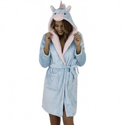 Robes Womens Luxury Soft Coral Fleece Novelty Animal 3D Dressing Gown Robe Hood Various Designs - Aqua Unicorn - CJ18I9K23X2