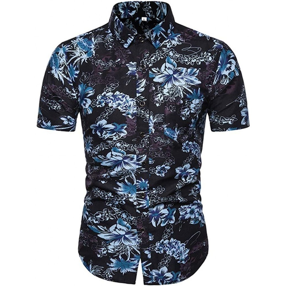 Trunks Men's Fashion Print Casual Slim Fit Button Down Short Sleeve Shirt Top - Blue a - C2194TO6DO2