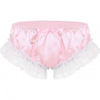 Briefs Men's Ruffled Satin Floral Lace Bikini Briefs Gay Sissy Crossdress Panties Underwear - Pink - CC18RH8YOLK