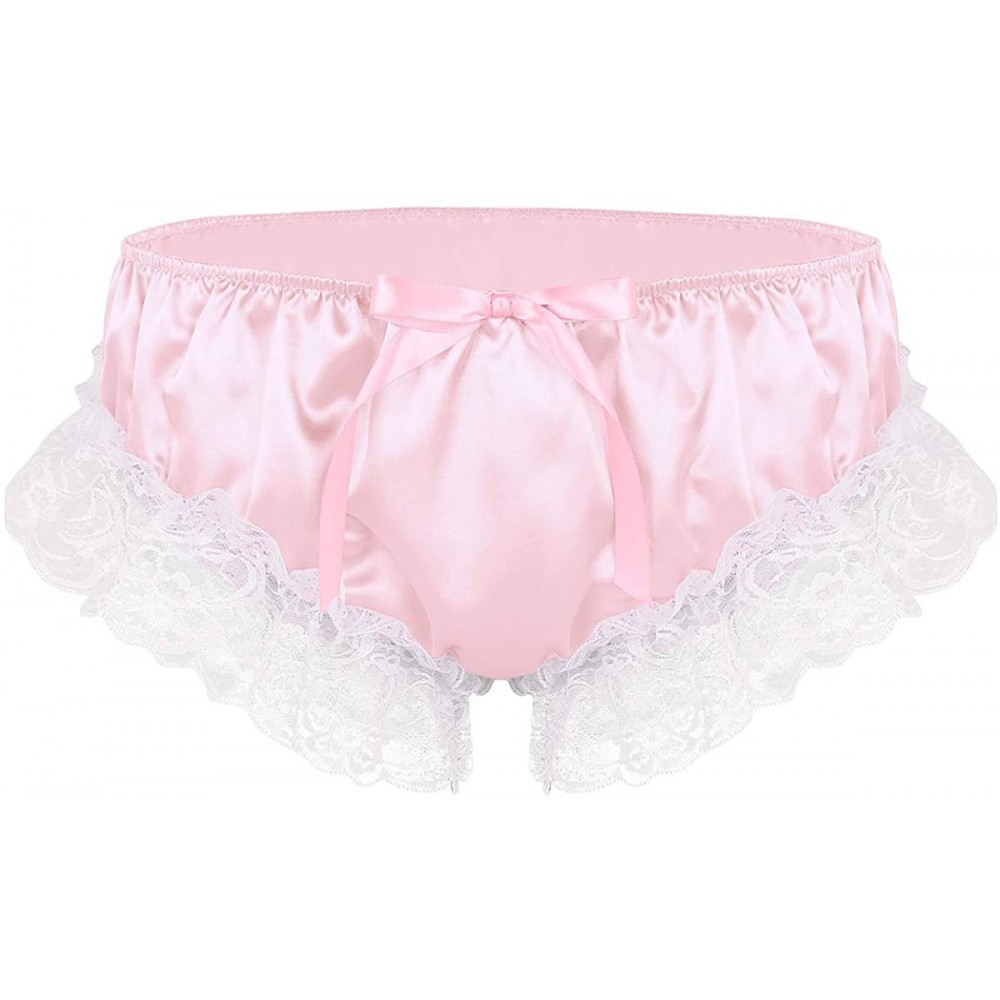 Briefs Men's Ruffled Satin Floral Lace Bikini Briefs Gay Sissy Crossdress Panties Underwear - Pink - CC18RH8YOLK