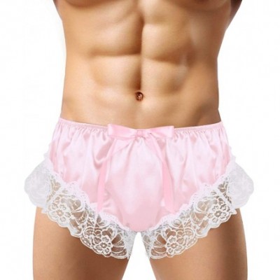 Briefs Men's Ruffled Satin Floral Lace Bikini Briefs Gay Sissy Crossdress Panties Underwear - Pink - CC18RH8YOLK