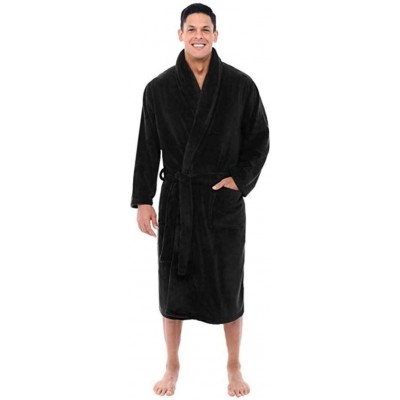 Robes Men's Bathrobe- Soft Coral Fleece Terry Robes Gowns Bath Robe-Black-M - Black - CD1948OALGI