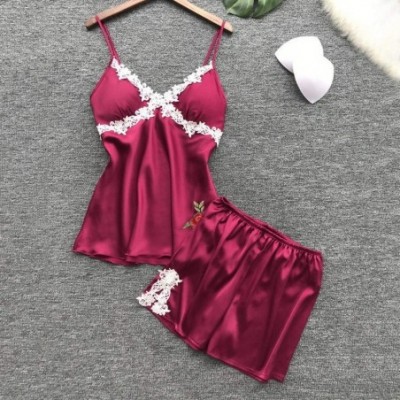 Robes Sexy Lingerie Nightie for Women Rose Lace Patchwork Camisole Shorts Sleepwear Homewear - Wine Red - CS197TAXH37