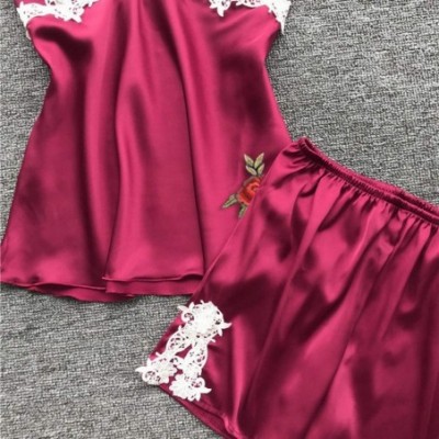 Robes Sexy Lingerie Nightie for Women Rose Lace Patchwork Camisole Shorts Sleepwear Homewear - Wine Red - CS197TAXH37