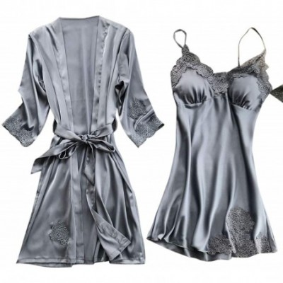 Robes Women Silk Satin Kimono Bathrobe Nightgown Dress Lace Camisole Pajama Set Sleepwear - Grey - C8197ENUXR3