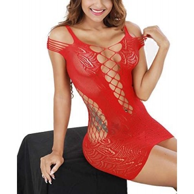 Baby Dolls & Chemises Women's Mesh Lingerie Sexy Fishnet Babydoll Chemise Deep V Mini Bodysuit Free Size - Red - C418Z2UGYDD