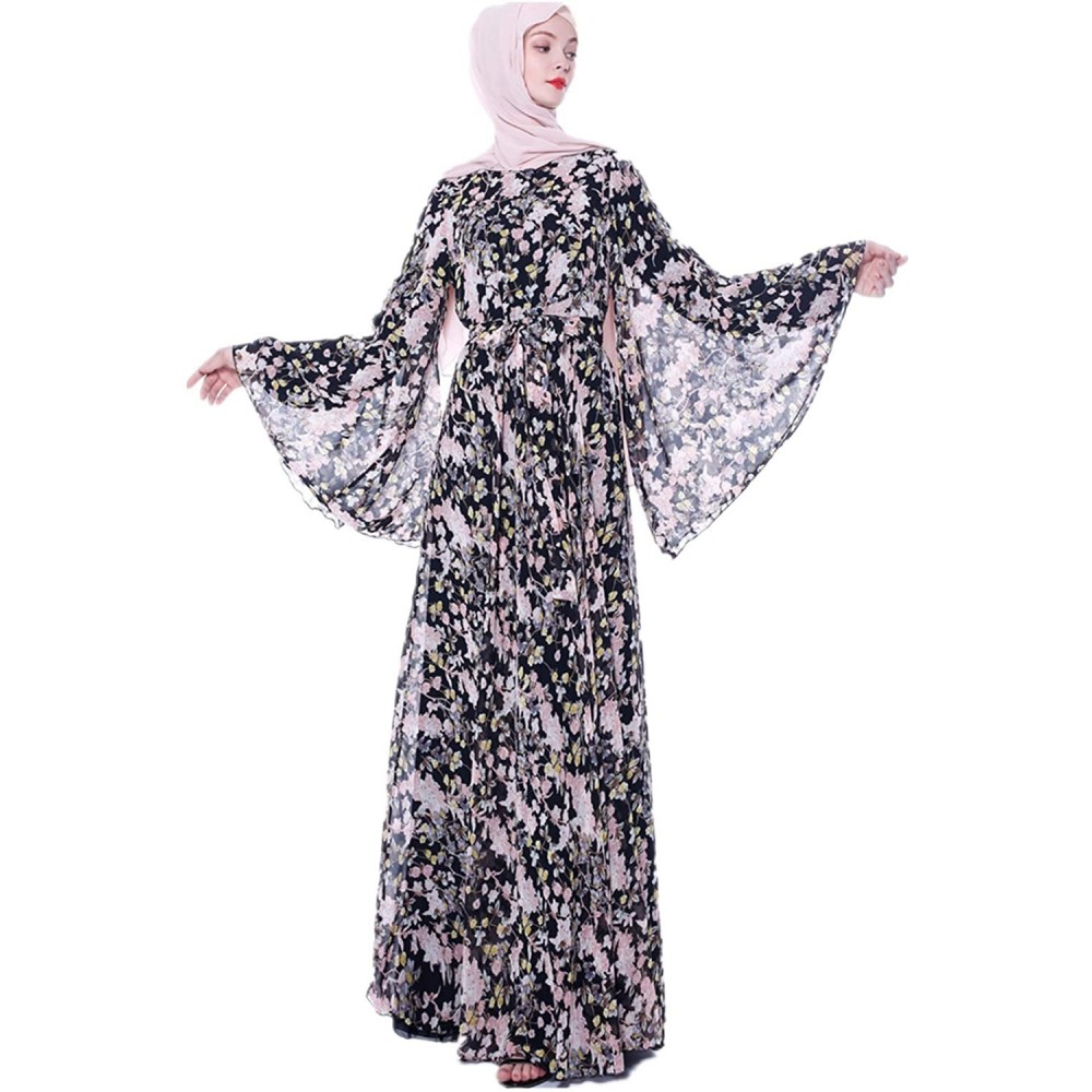 Robes Floral Printed Muslim Dresses for Women Long Dress Women Abaya Dress Islamic National Robe - Black - C7197KRR9EC