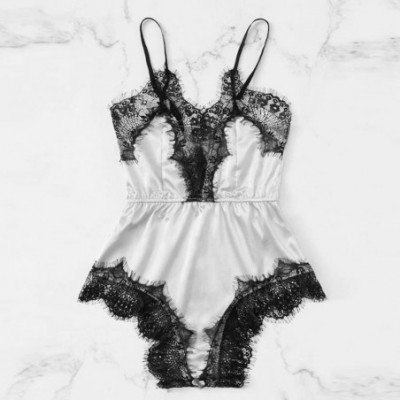 Baby Dolls & Chemises Women Satin Sleepwear Lace Bra Sexy Lingerie Underpant Siamese Bodysuit Babydoll - White - CS18OKR8YGI