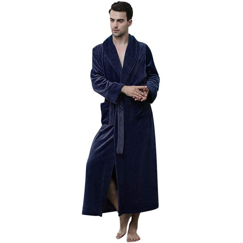 Robes Mens Thicken Velvet Robe Solid Color Bathrobe with Pocket Waistband Nightgown Pajamas - Navy - CT18ALQ8G2C