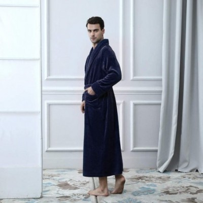 Robes Mens Thicken Velvet Robe Solid Color Bathrobe with Pocket Waistband Nightgown Pajamas - Navy - CT18ALQ8G2C