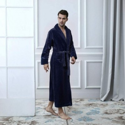 Robes Mens Thicken Velvet Robe Solid Color Bathrobe with Pocket Waistband Nightgown Pajamas - Navy - CT18ALQ8G2C