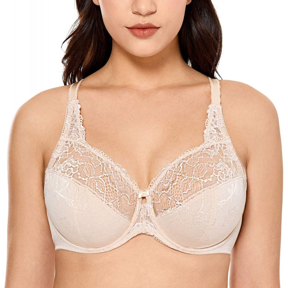 Bras Women's Beauty Lace Non Padded Minimizer Full Figure Underwire Bra - Beige - CK11CMYPJCD